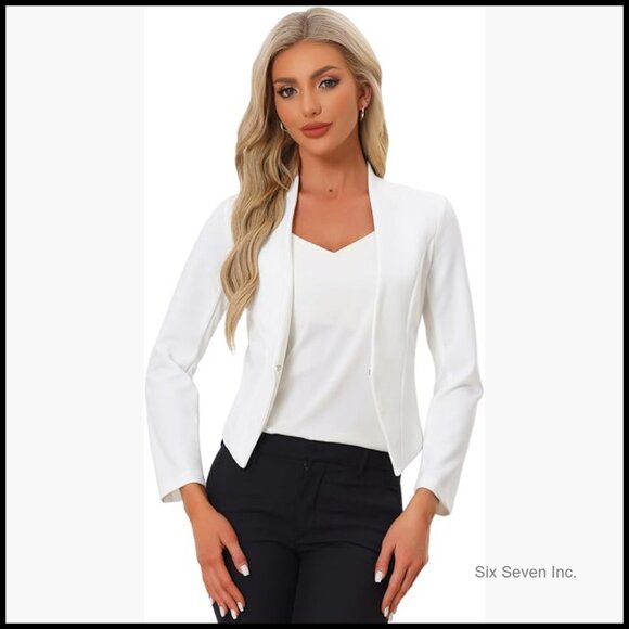 Collarless Cropped Blazer Business Casual Stretch Polyester Spandex Blend